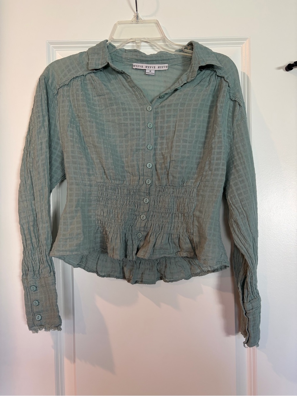HYFVE Light Green Semi‑Sheer Gauze Blouse smocked peplum style - S